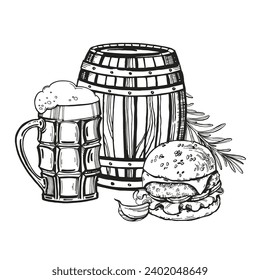 Hand drawn vector sketch of wooden barrel for beer, beer glass, burger, garlic and rosemary, black and white illustration of beer theme, inked illustration isolated on white background