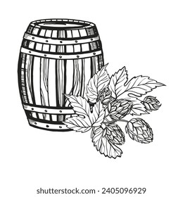 Hand drawn vector sketch of wooden barrel and hop plant with leaves and buds, beer ingredients, black and white illustration of textured wood oak keg, inked illustration isolated on white background