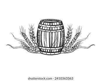 Hand drawn vector sketch of wooden barrel for wine, beer, whiskey and ears of wheat, black and white illustration of wood oak keg and wheat plant, inked illustration isolated on white background