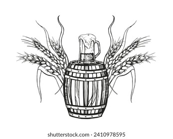 Hand drawn vector sketch of wooden barrel for wine, beer, whiskey, beer glass and ears of wheat, black and white illustration of keg, beer glass and wheat plant, inked illustration isolated