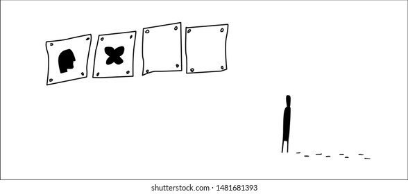 The hand drawn vector sketched illustration of a figure watching the pictures with a face and a butterfly on the white background