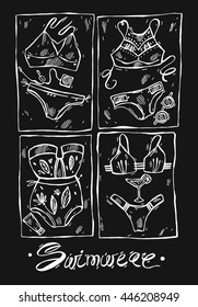 Hand drawn vector sketcher line set of women trend swim wears isolated on black background.Woman summer beach fashion.Swimsuit model art.Design element for summer island beach party.Swimsuit bikini.