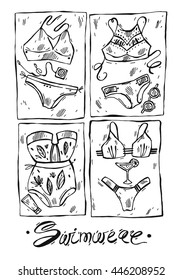 Hand drawn vector sketcher line set of women trend swim wears isolated on white background.Woman summer beach fashion.Swimsuit model art.Design element for summer island beach party.Swimsuit bikini.