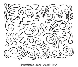 Hand drawn vector sketchy Doodle cartoon set of curls and swirls decorative elements for concept design