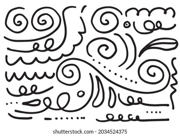 Hand drawn vector sketchy Doodle cartoon set of curls and swirls decorative elements for concept design