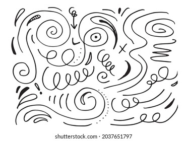 Hand drawn vector sketchy Doodle cartoon set of curls and swirls decorative elements for concept design
