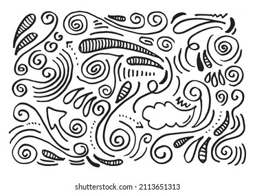 Hand drawn vector sketchy Doodle cartoon set of curls and swirls decorative elements for concept design