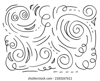 Handgezeichnete Vektorskizze Doodle-Cartoon-Set mit Rollen und wirbelnden Dekorelementen für das Design des Konzepts