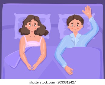 hand drawn vector sleepless couple.  woman and man have insomnia and problems