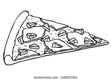 Hand drawn vector slice of Hawaiian pizza topped with tomato sauce, cheese, pineapple, and ham