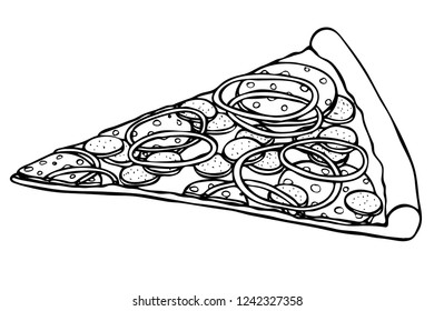 Hand drawn vector slice of pizza topped with cheese, mushrooms, bell peper rings and peperoni