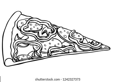 Hand drawn vector slice of pizza topped with cheese, mushrooms, bell pepper rings and peperoni