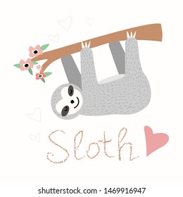 Hand drawn vector sloth on white background with text slow down.Adorable baby sloth characters hanging on the tree.Illustration for nursery design, poster, greeting, birthday card, baby shower