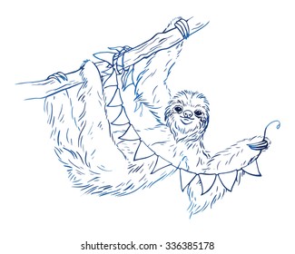 Hand drawn vector sloth, wielding a garland of flags