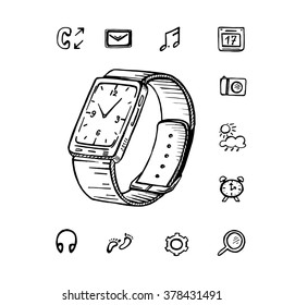 Hand drawn vector smart watch, icon isolated on white background.
