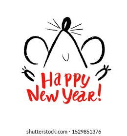 Hand drawn vector smiling mouse. Chinese symbol 2020 year. Handwritten inscription Happy New Year. Black and white ink silhouette of a mouse. Brush lettering.