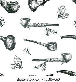 Hand drawn vector smoking pipes, sketchy engraving style. Black and white collection, hipster seamless pattern.