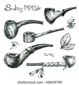 Hand drawn vector smoking pipes, sketchy engraving style. Black and white collection, hipster set.