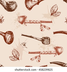 Hand drawn vector smoking pipes, sketchy engraving style. Old color victorian collection, hipster seamless pattern.