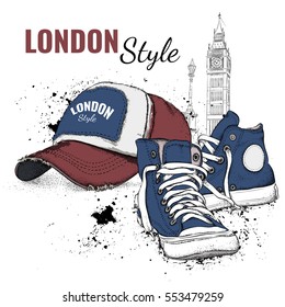 Hand drawn Vector sneakers and cap. London background. Vector illustration