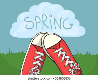 Hand drawn vector sneakers on spring background