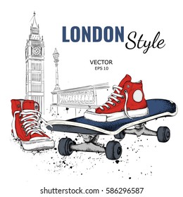 Hand drawn Vector sneakers and Skate. London background. Vector