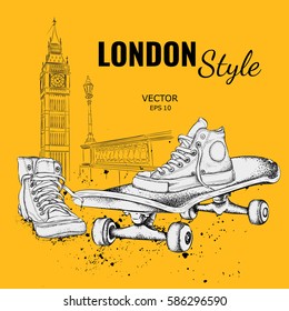 Hand drawn Vector sneakers and Skate. London background. Vector
