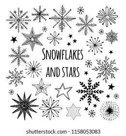 Hand drawn vector snowflakes and stars. Ornate ink elements. Set of Christmas doodles.