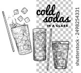 Hand drawn vector soda glasses with sparkling soft drink, ice cubes, straw, sparkles. Easy to edit beverages. Drinks assets ready to use and easy to edit. Black outline, no fill, with fine details. 