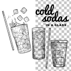 Hand drawn vector soda glasses with sparkling soft drink, ice cubes, straw, sparkles. Easy to edit beverages. Drinks assets ready to use and easy to edit. Black outline, no fill, with fine details. 