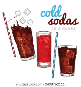 Hand drawn vector soda glasses with cola soda, strawberry, berry soft drink, ice cubes, straw, sparkles. Easy to edit beverages. Drinks assets ready to use and easy to edit.