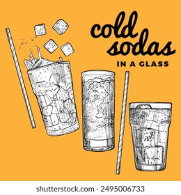  Hand drawn vector soda glasses with sparkling soft drink, ice cubes, straw, sparkles. Easy to edit beverages. Drinks assets ready to use and easy to edit. Black outline, white fill in separate groups