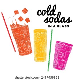 Hand drawn vector soda glasses with sparkling soft drink, ice cubes, straw, sparkles. Easy to edit beverages. Drinks assets ready to use and easy to edit. Colored flat fills in separate groups.