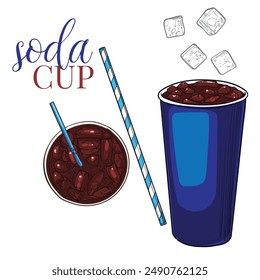 Handgezeichnete Vektorgrafik Soda. Softdrink-Papiertasse mit Eiswürfeln und Stroh. Oberansicht und Seitenansicht der Getränke-Assets, sofort einsatzbereit und einfach zu bearbeiten.