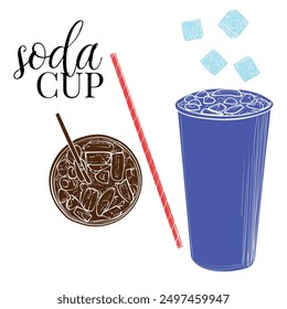 Handgezeichnete Vektor Soda. Softdrink-Papiertasse mit Eiswürfeln und Stroh. Die oberste und seitliche Ansicht der Getränke-Assets ist benutzerfreundlich und leicht zu bearbeiten. Blaue und braune Flachfüllung in separaten Gruppen.