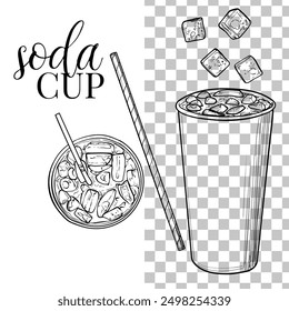 Hand drawn vector soda. Soft drink paper cup with ice cubes and straw. Top and side views of drinks assets ready to use and easy to edit. Black outline, no fill, with fine details. 