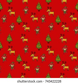 Hand drawn vector for southern Christmas pattern with reindeer, christmas tree, elves, and gifts. Wrapping paper, surface print, textile print, background.
