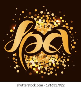 Texto de spa de vector dibujado a mano sobre fondo negro con brillo dorado.  Textura de oro.  Hermosa simbol spa. Para el diseño de impresiones, camiseta, taza, logotipo, cartel, afiche, salón de spa.