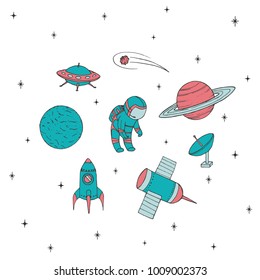 Hand drawn vector space elements: cosmonaut, satelites, rocket, planets, falling star and UFO. Colorful cosmos set isolated on the white background.