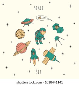 Hand drawn vector space elements: cosmonaut, satelites, rocket, planets, falling star and UFO. Colorful cosmos set in retro colors.
