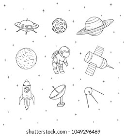 Hand drawn vector space elements outline: cosmonaut, satellites, rocket, planets, moon and UFO. Cosmos set isolated on the white background.