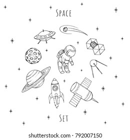 Hand drawn vector space elements: cosmonaut, satelites, rocket, planet, moon, falling star and UFO. Cosmos set isolated on the white background.