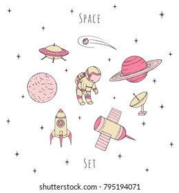 Hand drawn vector space elements: cosmonaut, satelites, rocket, planets, falling star and UFO. Cosmos set in pastel girlish colors isolated on the white background.