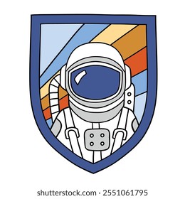Hand drawn vector space patch.  Vintage spacecraft badge isolated on white background. Perfect for tee shirt logo, greeting card, poster or nursery print design. EPS 10 vector file.