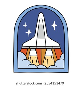 Hand drawn vector space patch.  Vintage spacecraft badge isolated on white background. Perfect for tee shirt logo, greeting card, poster or nursery print design. EPS 10 vector file.