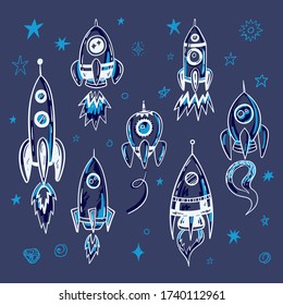 Hand drawn vector space rocket illustrations set