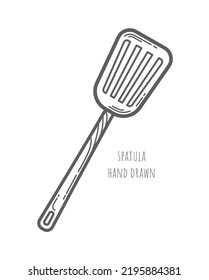 Hand drawn vector spatula. Outline illustration. Linear cookware icon. Decorative art element for menu design, advertising layouts. Cooking. Recipe. Stirring food. Wooden kitchenware. Household store.