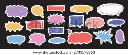 Hand drawn vector speech bubble shapes set. Doodle comic dialog clouds, colorful thought bubbles. Communication and message design. Scrapbook collage elements collection.
