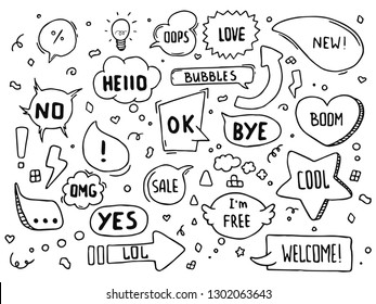 Hand drawn vector speech bubbles with hi, hello, thank you and many more in doodle style with cute arrows, hearts and stars.