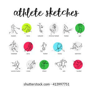 Hand drawn vector sport athlete silhouette isolated. Sportsman figure on white background. Human portrait. Dynamic moving illustration. Sketch. Ink drawing.